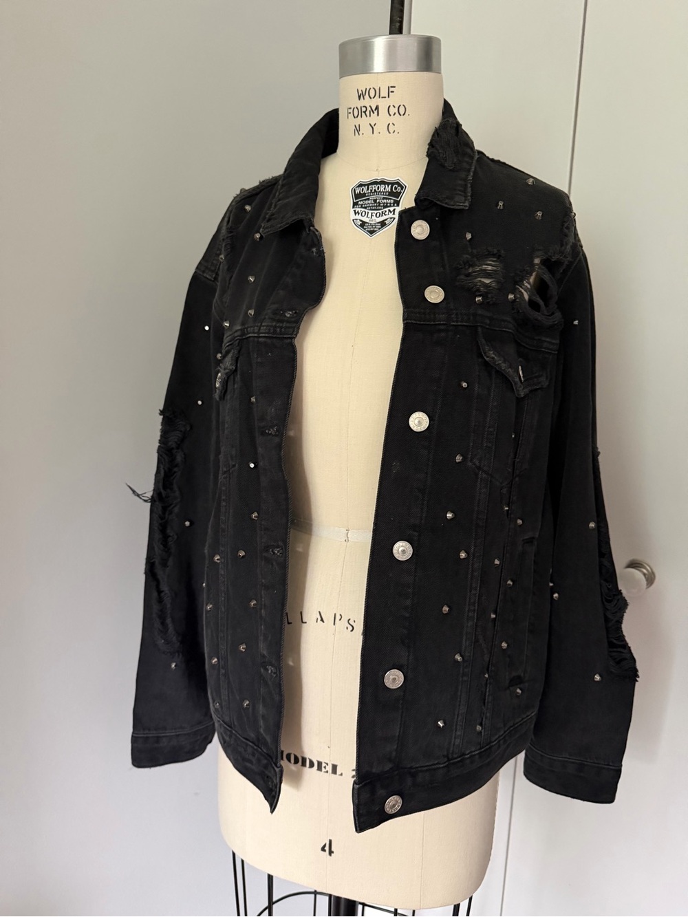 Topshop Black Studded Distressed Denim Jacket Medium Oversized Punk Rock